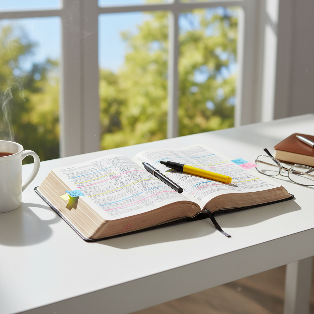 Bright airy open Bible pages in warm sunlight, clean scholarly reading environment