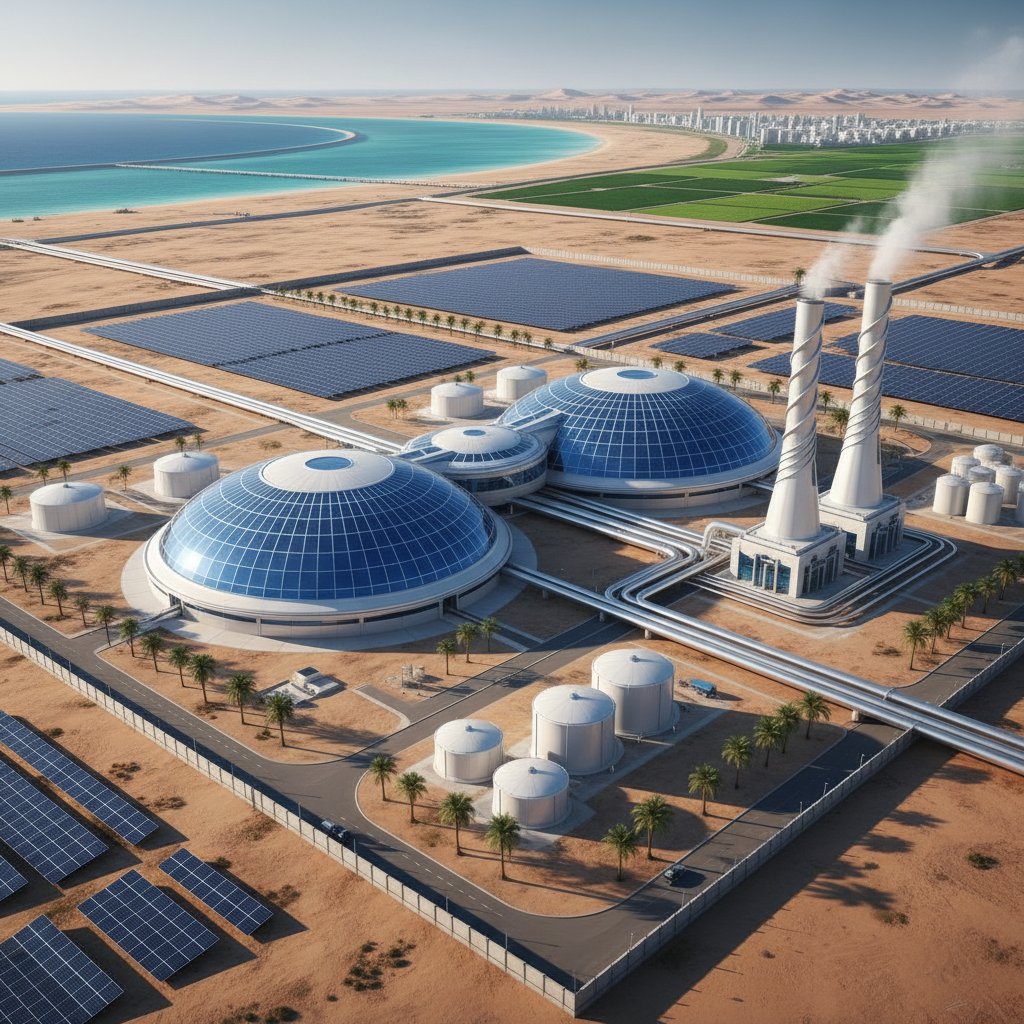 Solar panels powering clean water desalination facility in arid African landscape