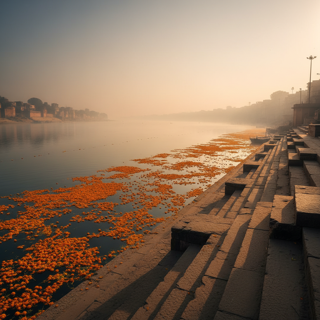 Banaras ghats at dawn, orange marigold offerings floating on the Ganges, misty atmospheric light, deep warm shadows, ancient stone steps