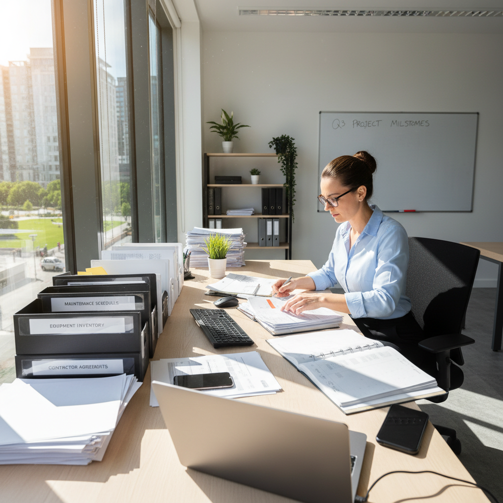 Administrative professional organizing facility management documentation in a clean modern office