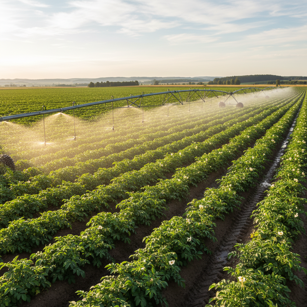 Irrigation boom moving across green potato rows in summer, fine spray catching golden afternoon light