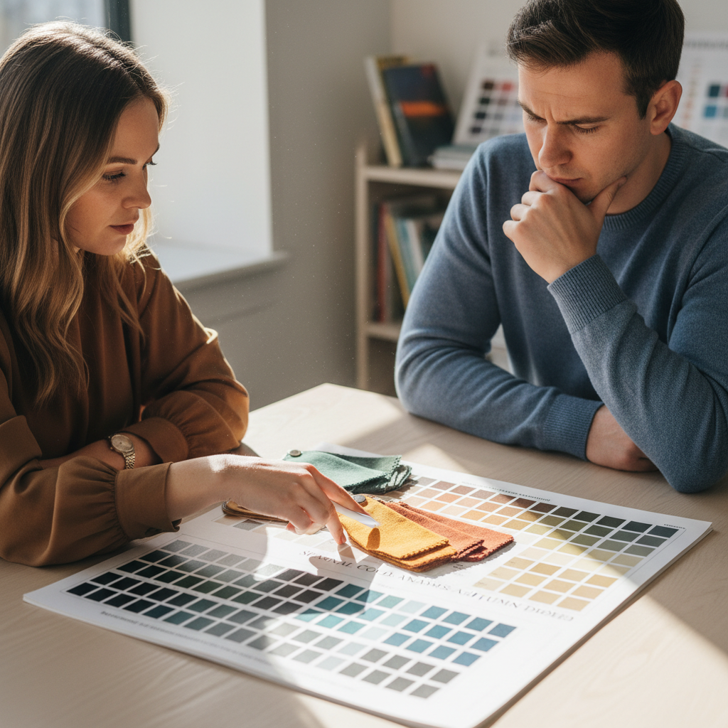 Color analyst reviewing season diagnosis chart with client, pointing to specific palette swatches