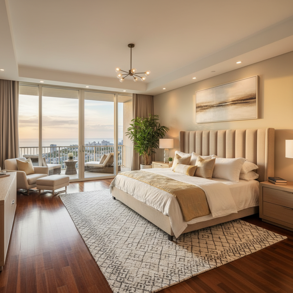 Master suite with king bed, ocean view balcony, and ensuite bathroom with rainfall shower