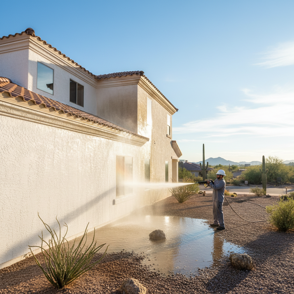 Professional house washing on a Tucson stucco home, bright Arizona sunshine, clean white exterior walls