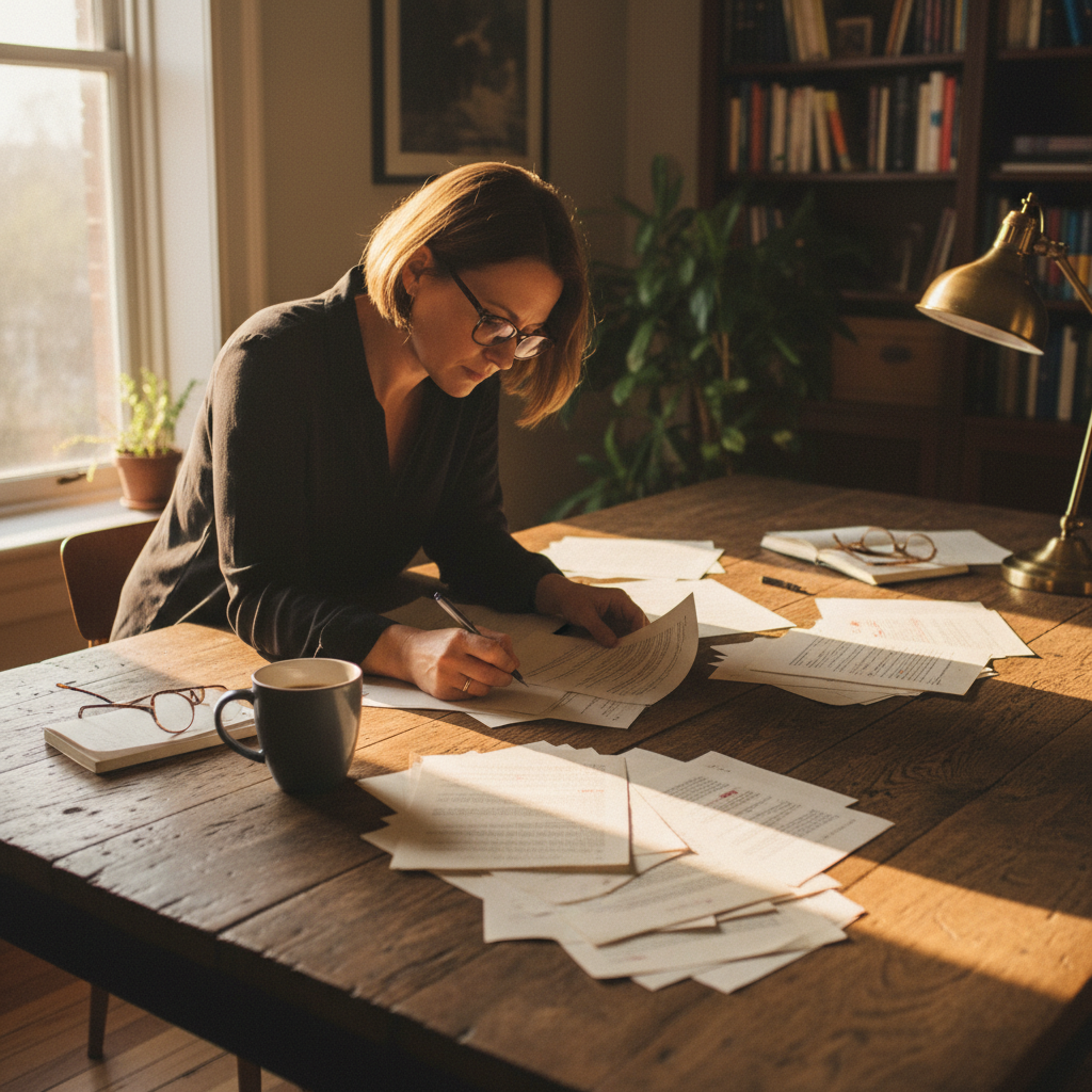 Editor reviewing manuscript pages at a desk