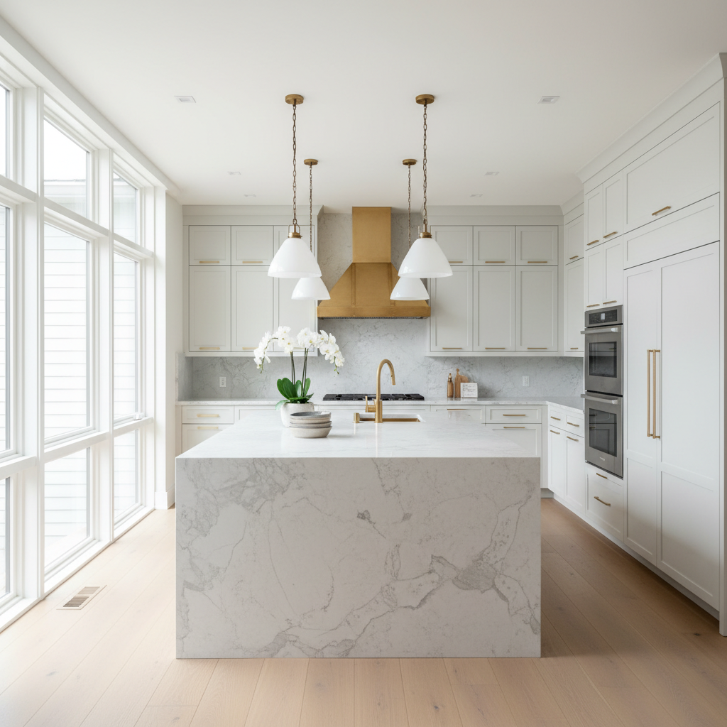 Finished luxury kitchen with brass fixtures and quartzite countertops ready for rental