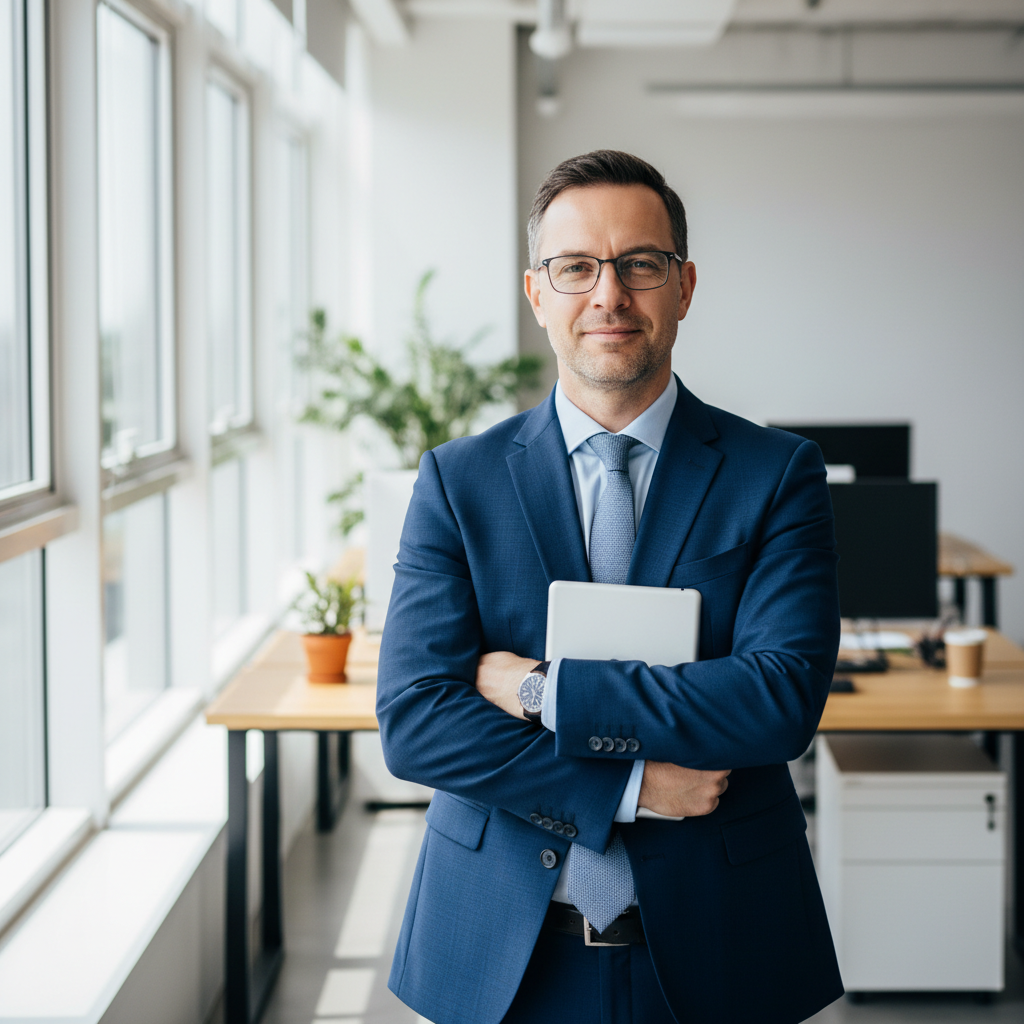 Professional male project manager in formal attire, friendly expression, neutral office setting