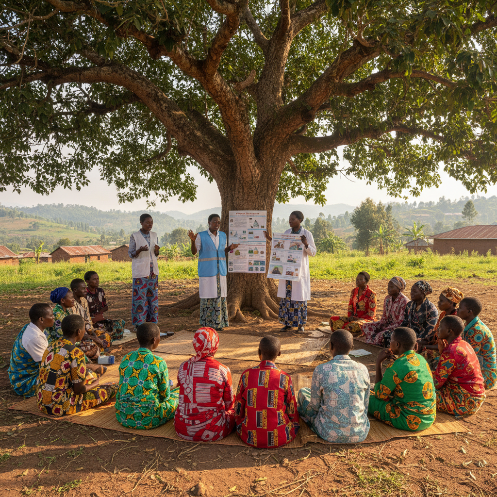African community health workers in a village education session, bright outdoor setting, women and elders gathered