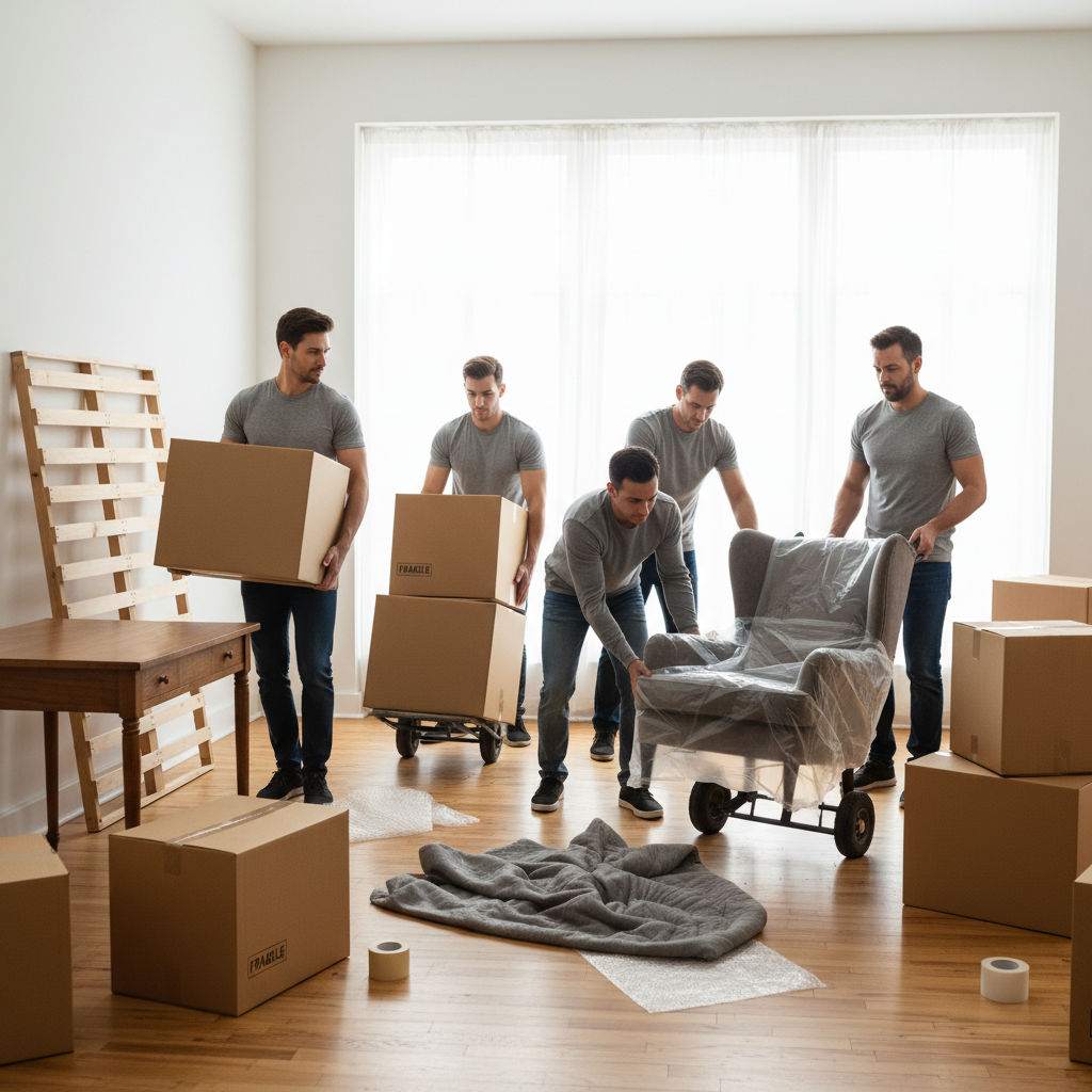 Modern living room with packed moving boxes and furniture covered in protective blankets