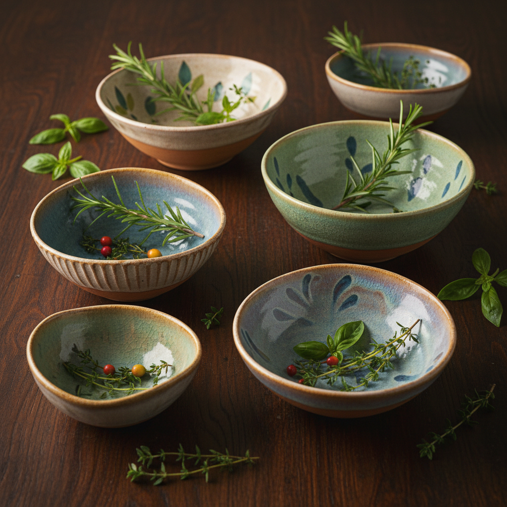 Handmade ceramic bowls arranged on dark wood table with Vietnamese lacquerware and fresh herbs