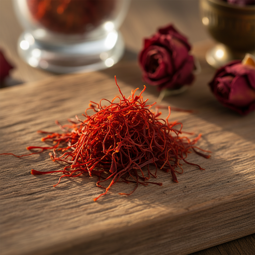 Premium saffron threads in small wooden bowl showing deep red-orange color of finest saffron