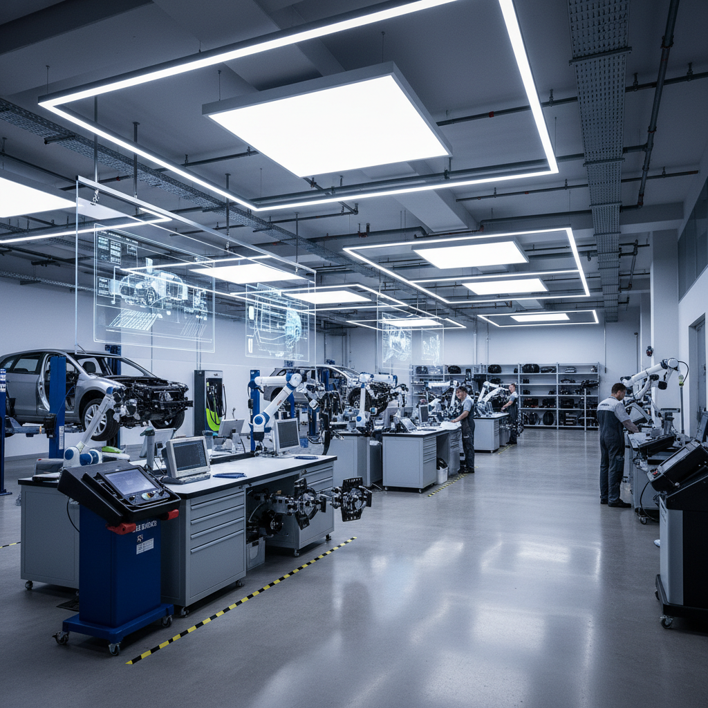 Automotive logistics facility with vehicles and technology infrastructure, dark professional environment