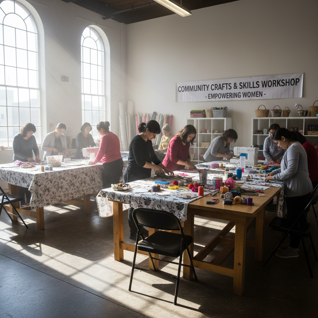 African women learning vocational skills in a bright training center, sewing machines, colorful fabrics, expressions of focus and determination