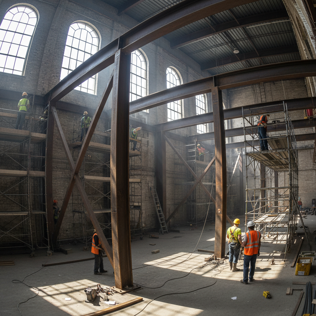 Steel I-beams being installed inside a large warehouse conversion, workers visible on scaffolding