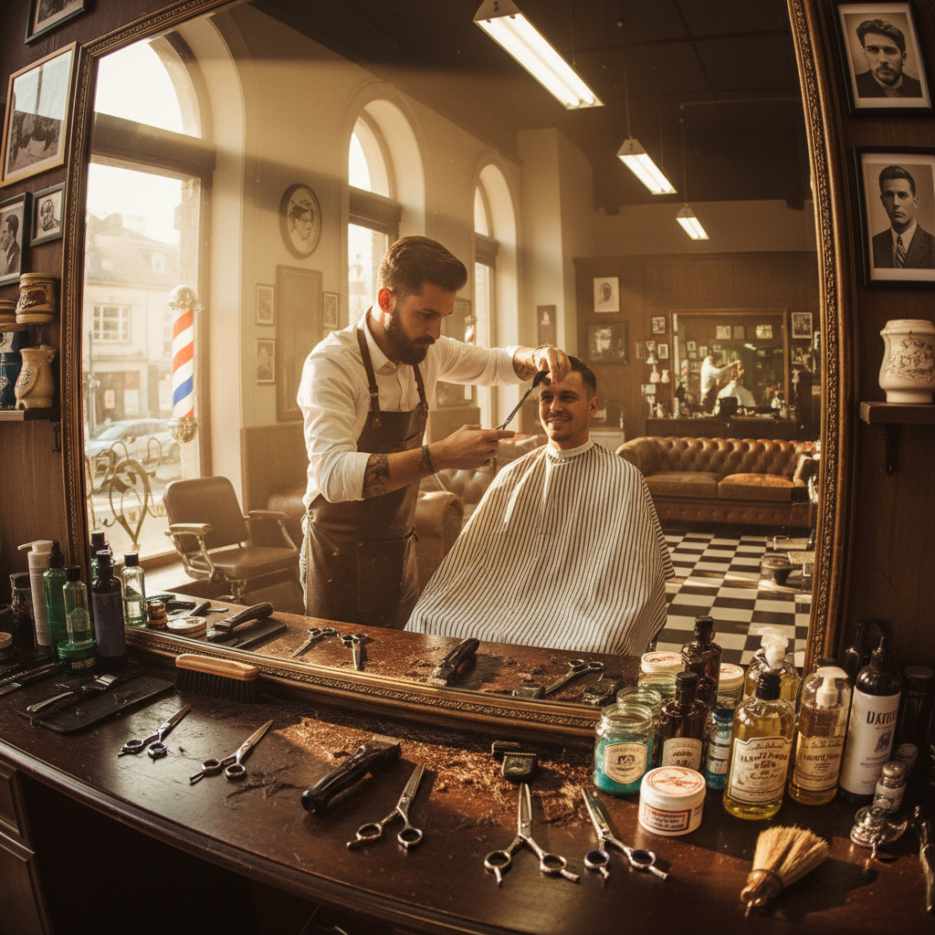 Barber giving a precise classic haircut with scissors, client in a black cape, clean barbershop environment