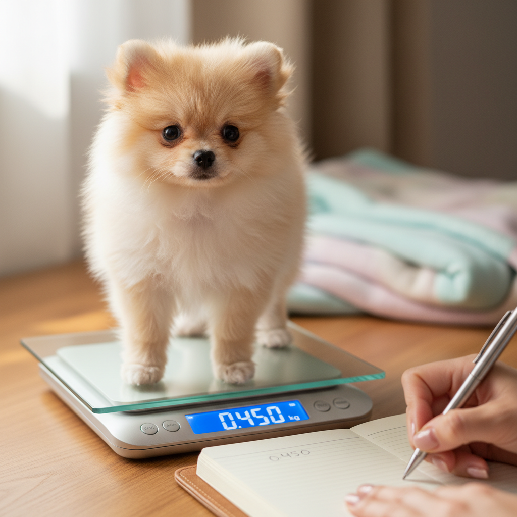 Pomeranian puppy being weighed on digital scale, breeder recording weight in journal