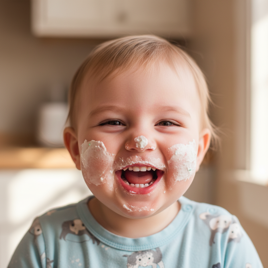Toddler mid-laugh with frosting on both cheeks at birthday party