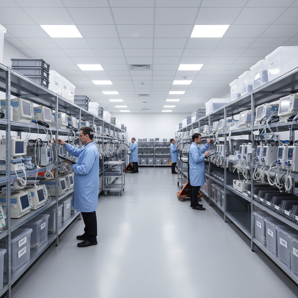Medical device reverse logistics processing floor — rows of refurbished ventilators and infusion pumps on shelving units under flat LED lighting, technicians in ESD smocks scanning barcodes