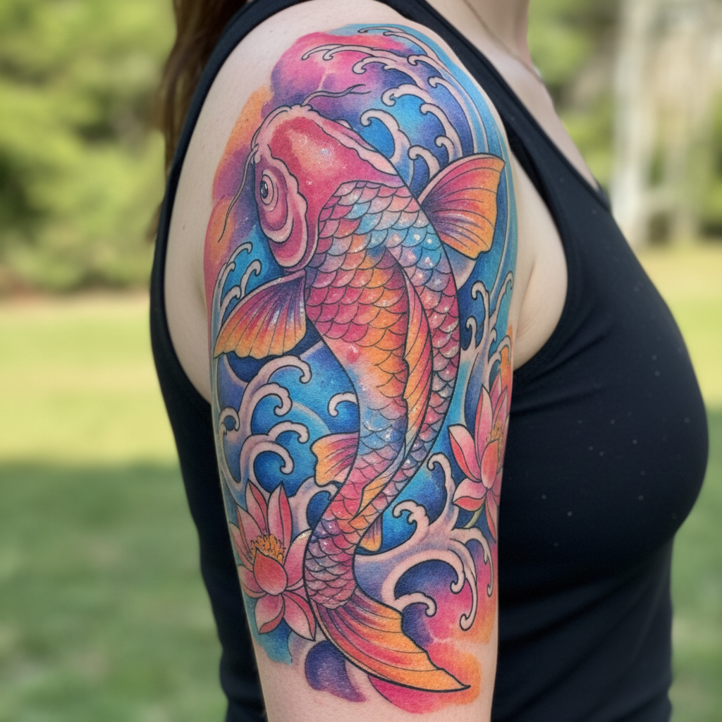 Large koi fish tattoo with rich color detail on upper arm, fully healed six months