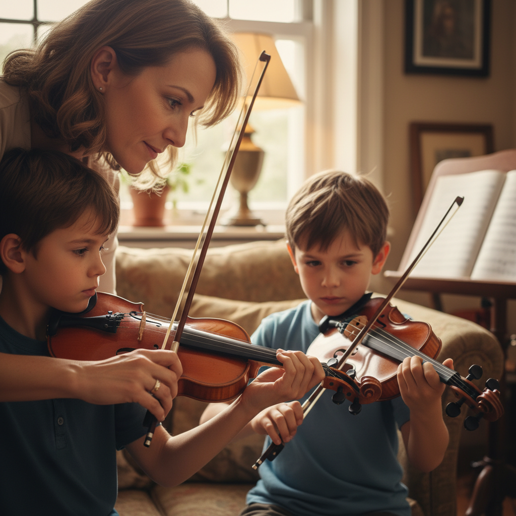 Elena Vasquez, violin teacher demonstrating bow hold to a young student, warm indoor light, candid editorial photograph