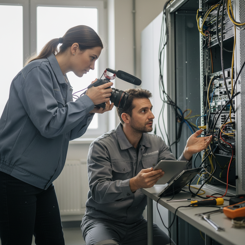 Creator pointing camera at a technician during a service call