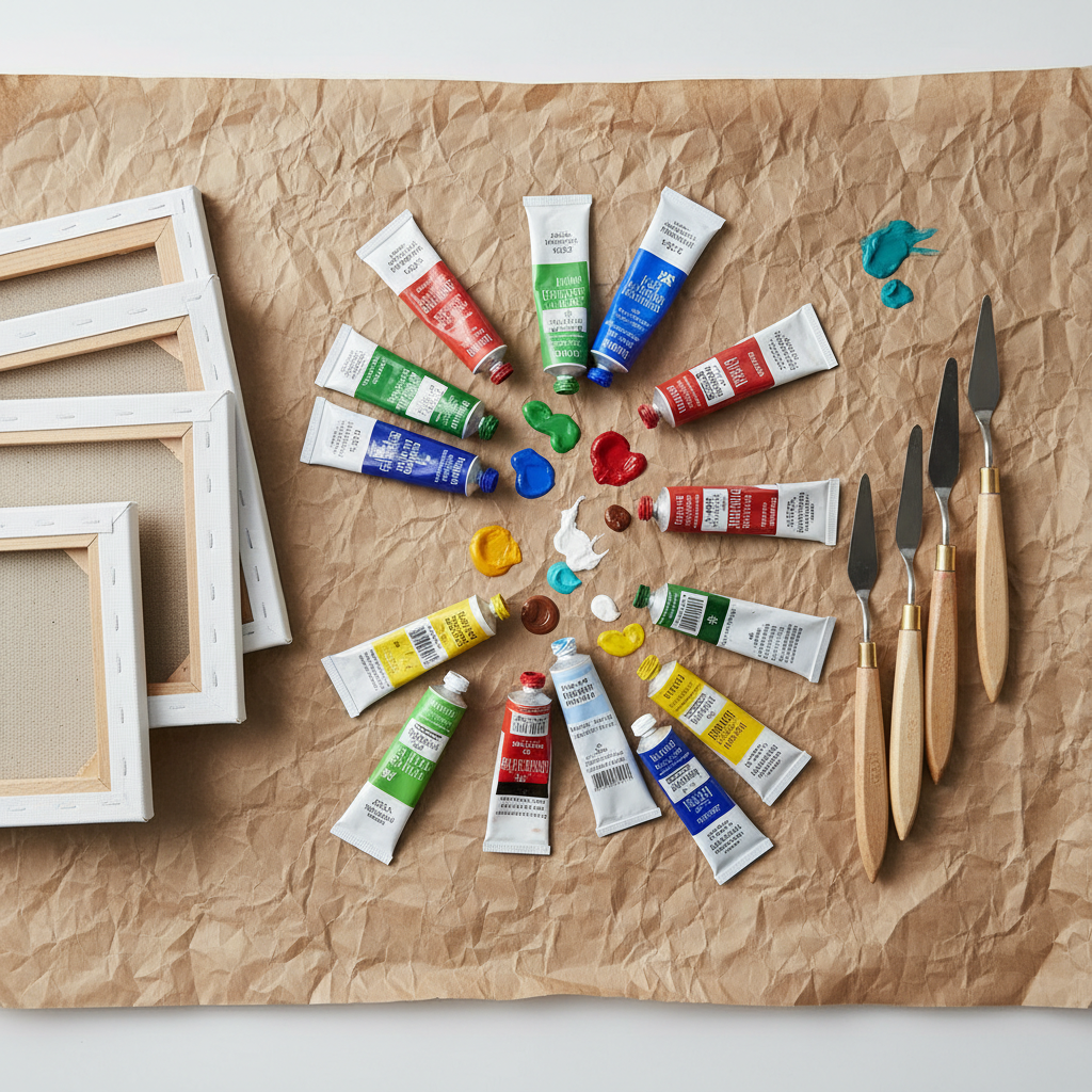 Top-down flat-lay of professional studio art supplies: acrylic tubes, canvas boards, and palette knives spread on kraft paper