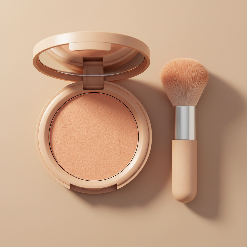 Soft pink blush compact with applicator brush on pastel pink surface