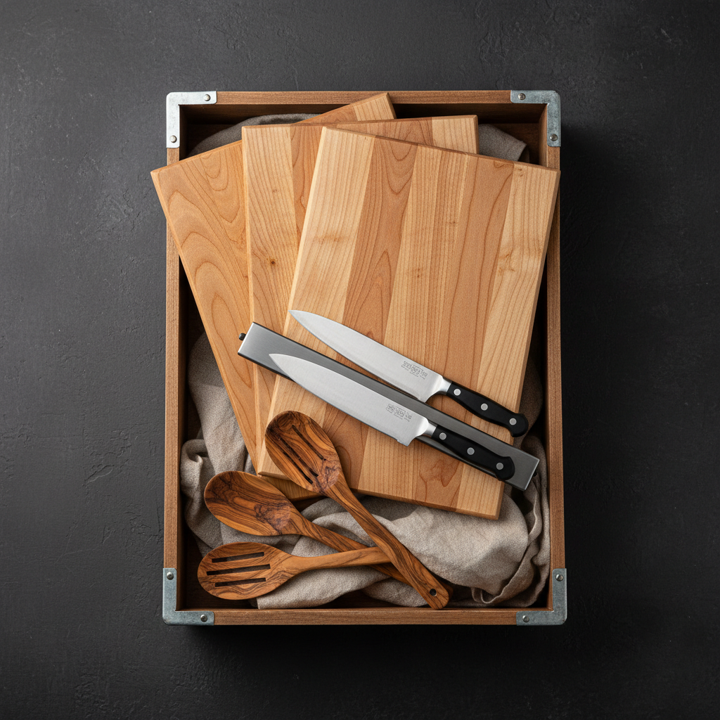 Slab wholesale bundle flat-lay: three maple cutting boards fanned like a hand of cards, magnetic knife strip, olivewood utensil set and linen wrap arranged inside an open shipping crate on charcoal background