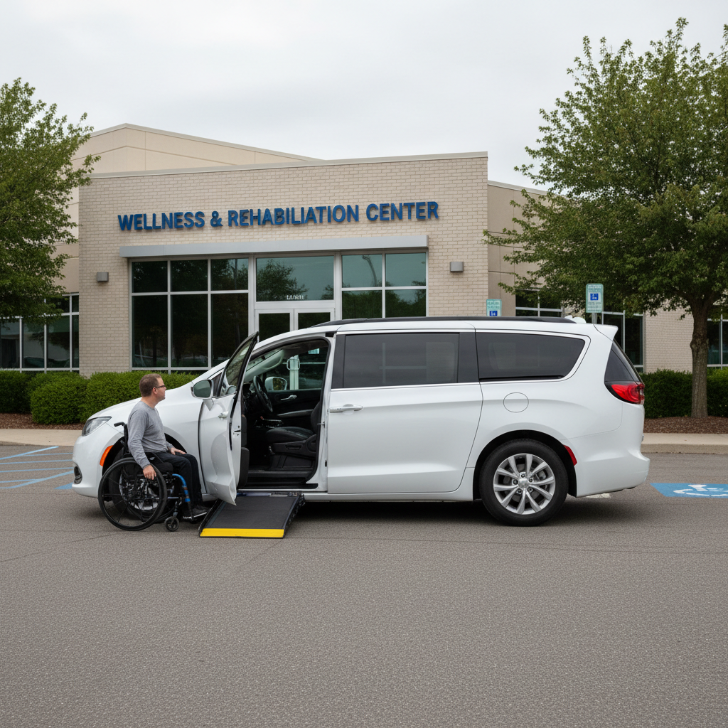 A white accessible minivan parked outside a medical clinic