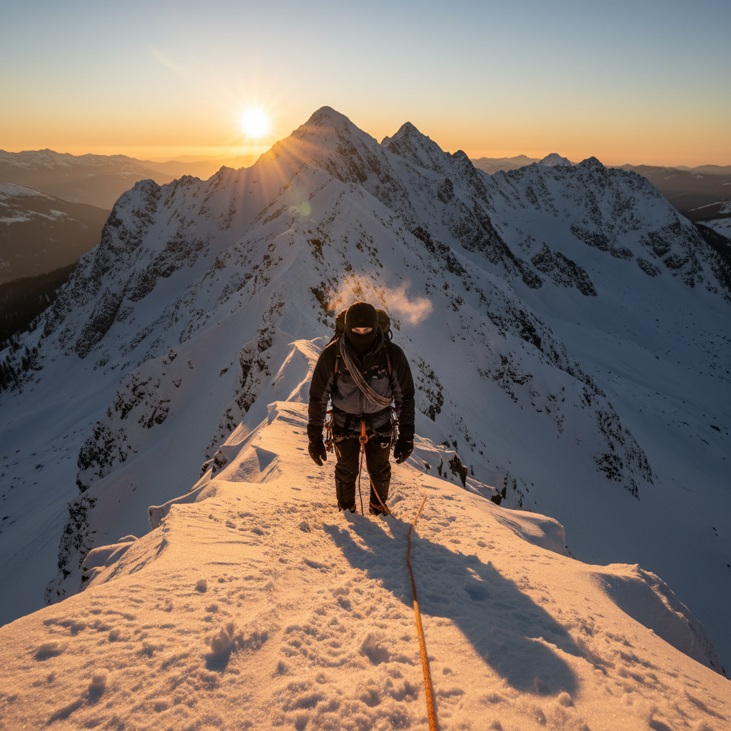 Climber on exposed ridgeline wearing black balaclava, eyes visible above fabric edge, dawn light orange on horizon behind snowy peak