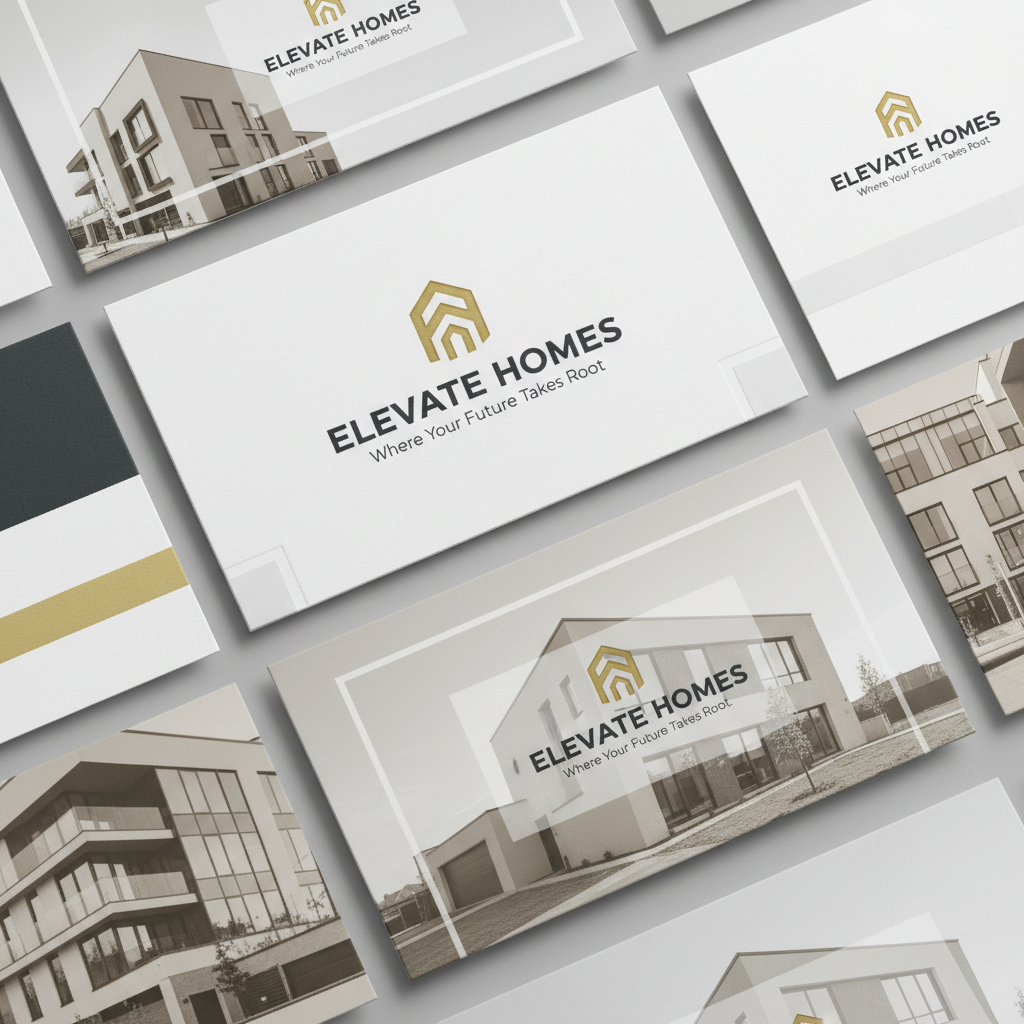 Modern real estate brand identity on dark background with architectural photography and clean typography