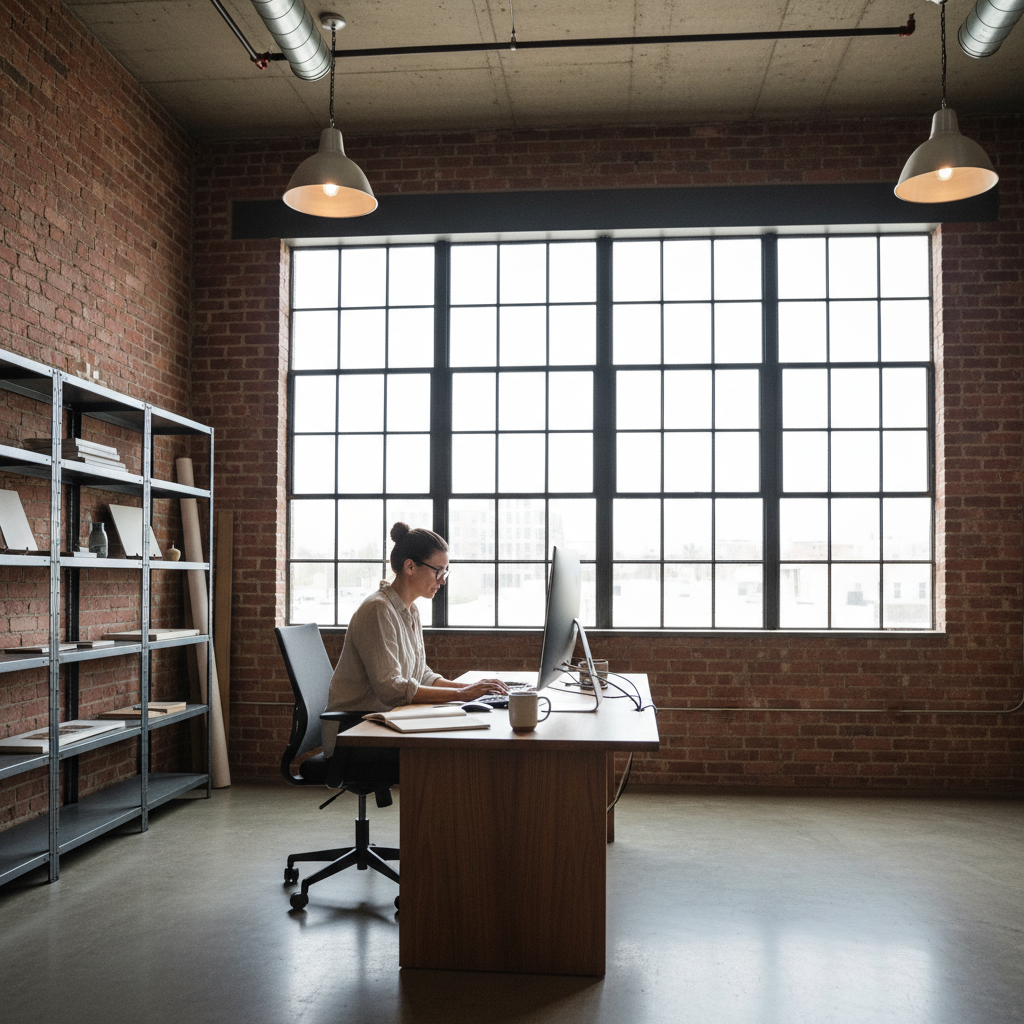 Small business owner working in a bright, well-lit modern storefront with natural light
