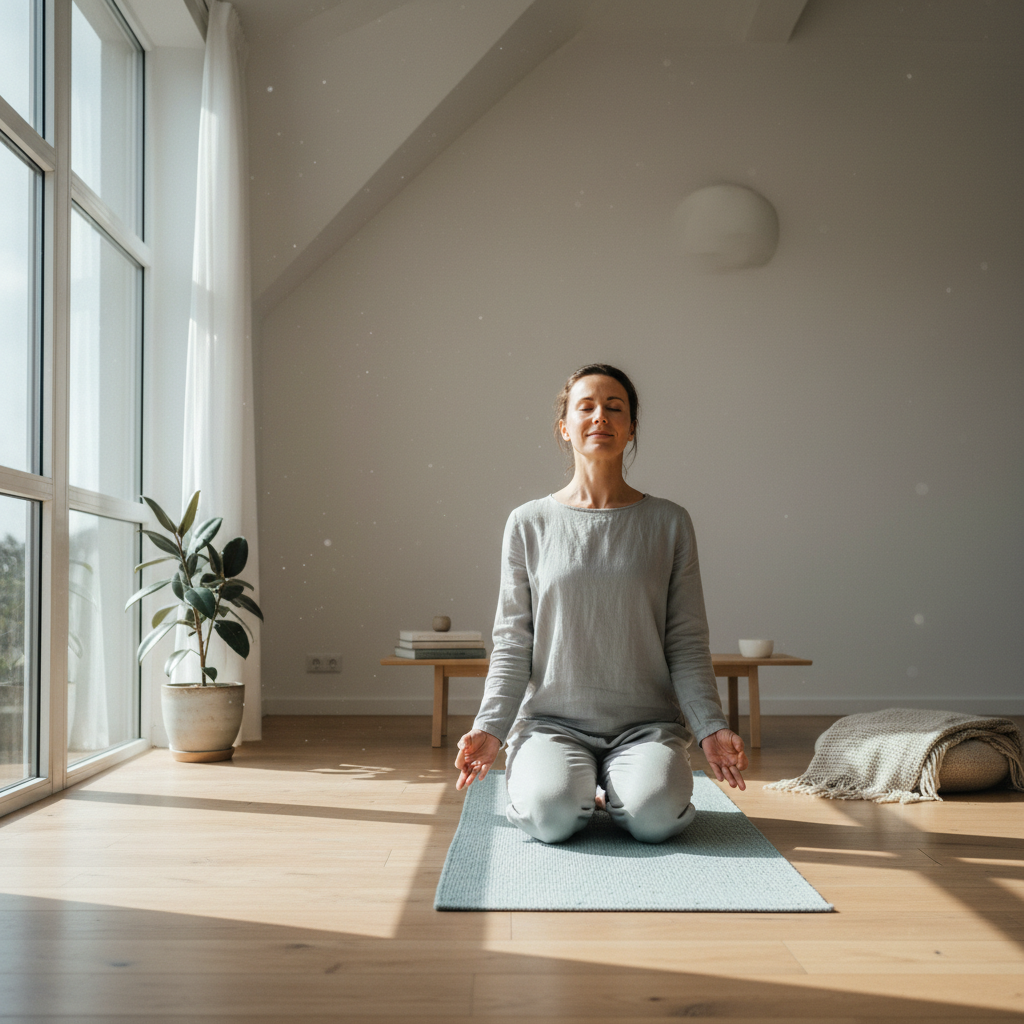 Persian woman in comfortable white clothing sitting cross-legged on yoga mat in bright minimalist room with plants, practicing morning meditation routine