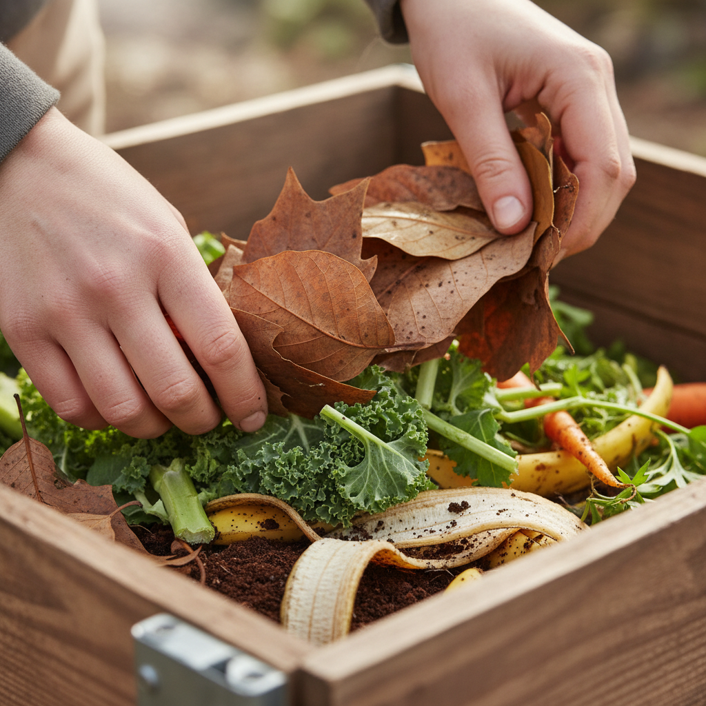 Garden compost bin with layered brown and green organic materials decomposing