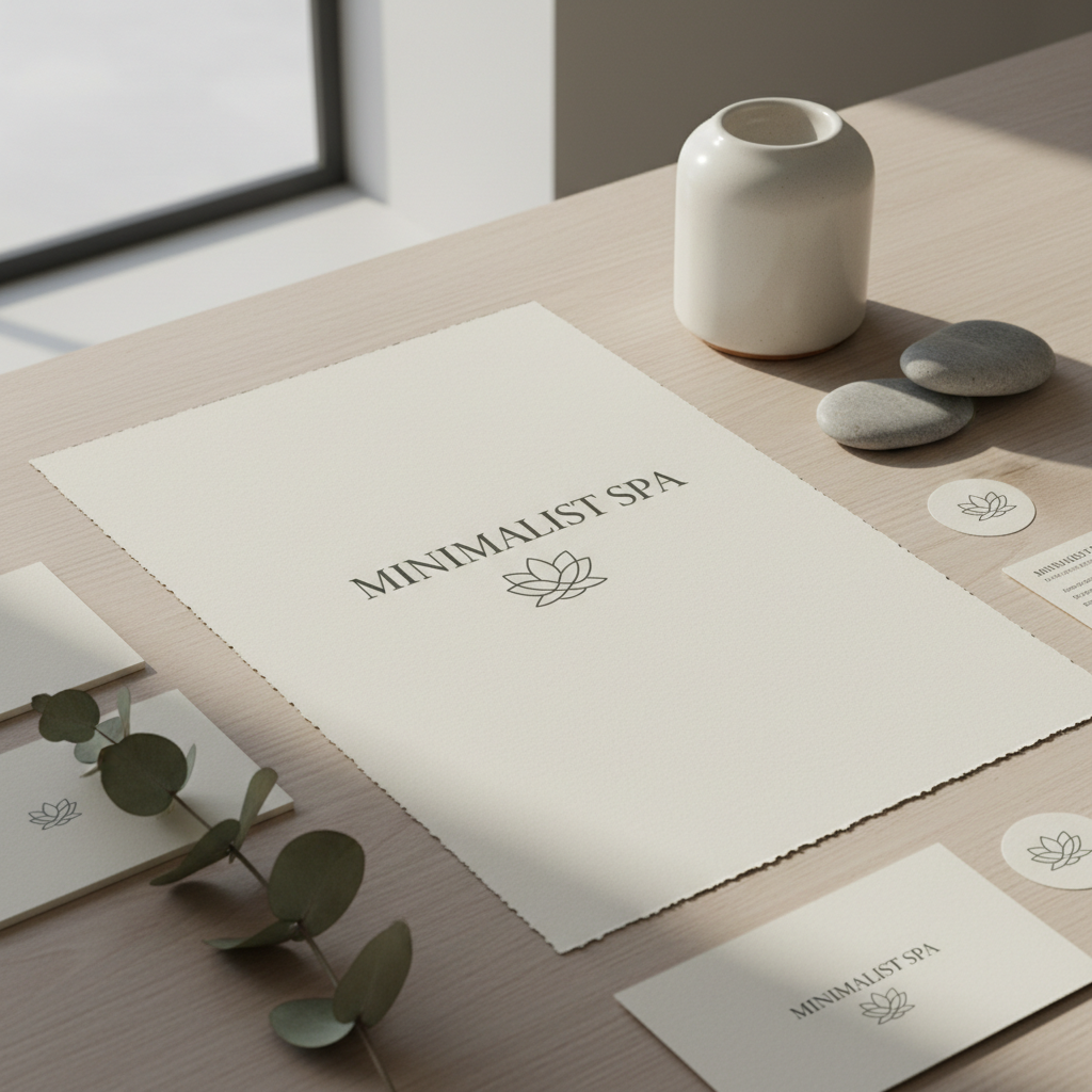 Minimalist luxury spa branding with soft neutral tones and elegant serif typography on cream background