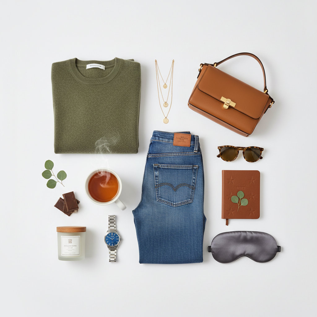 Flat lay of golf apparel and accessories on green grass, premium styling, lifestyle photography