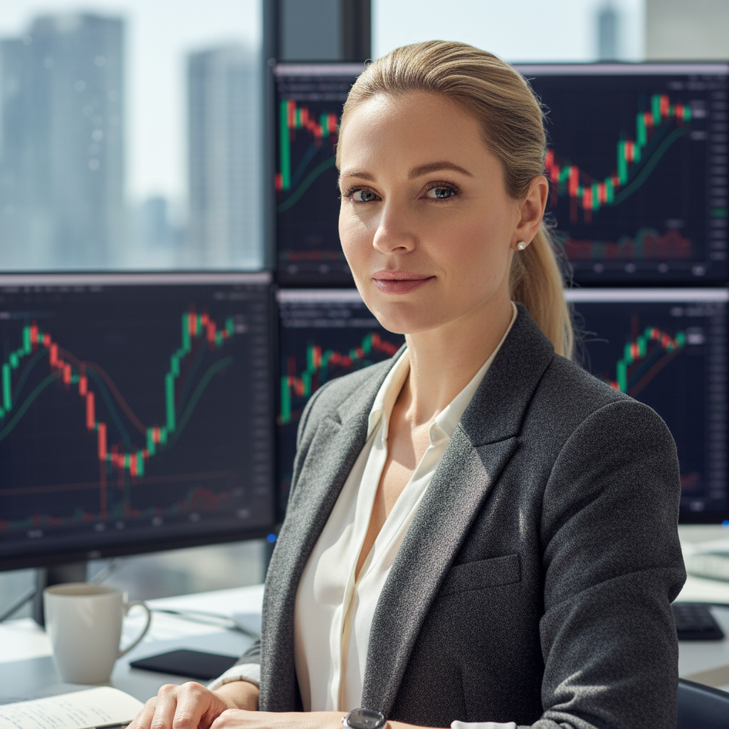 Rachel M., swing trader with blonde hair looking at camera