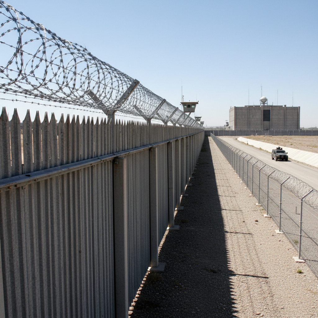 High-security facility perimeter with double rows of concertina razor wire on reinforced steel palisade fence