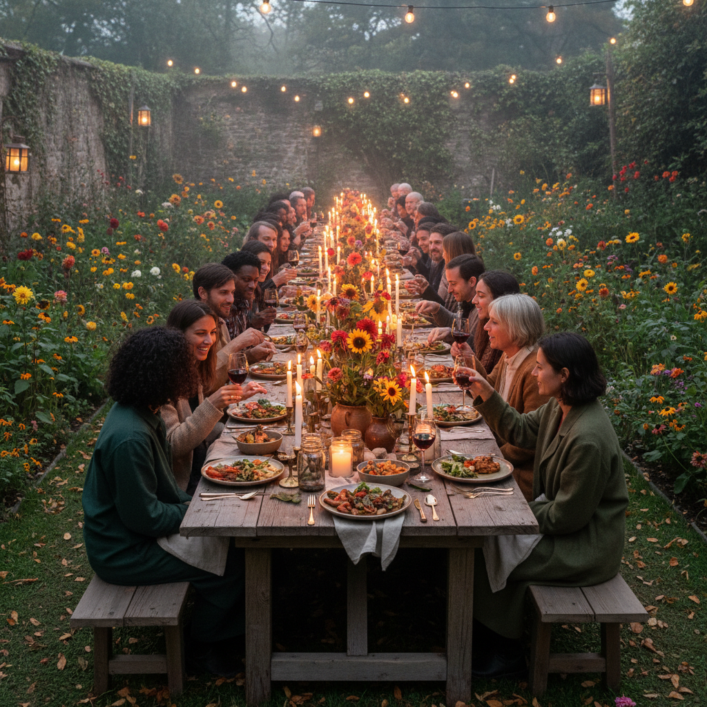 Long table harvest supper in the Griffin garden — candles, seasonal flowers, communal dining