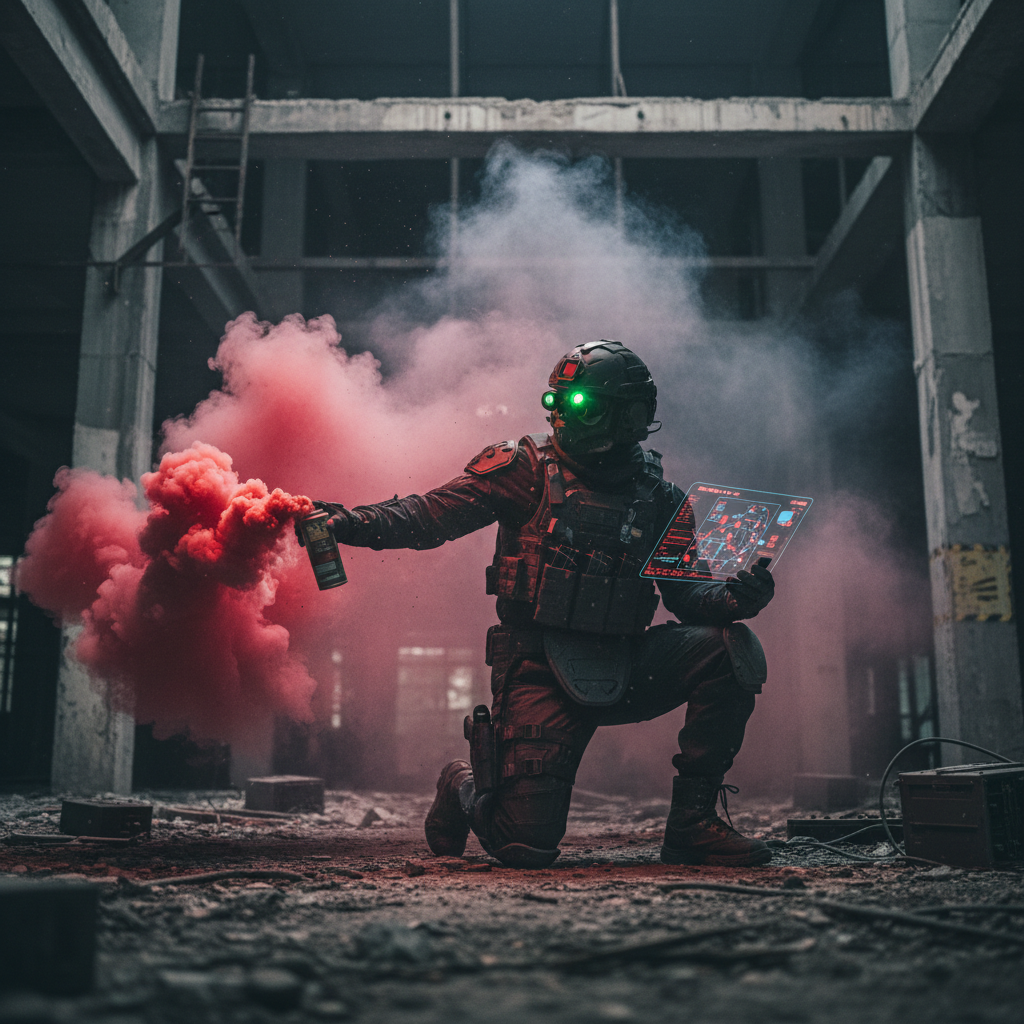 Tactical operators moving through dark smoky urban terrain at night, dim green tinted lighting, shadowy industrial background