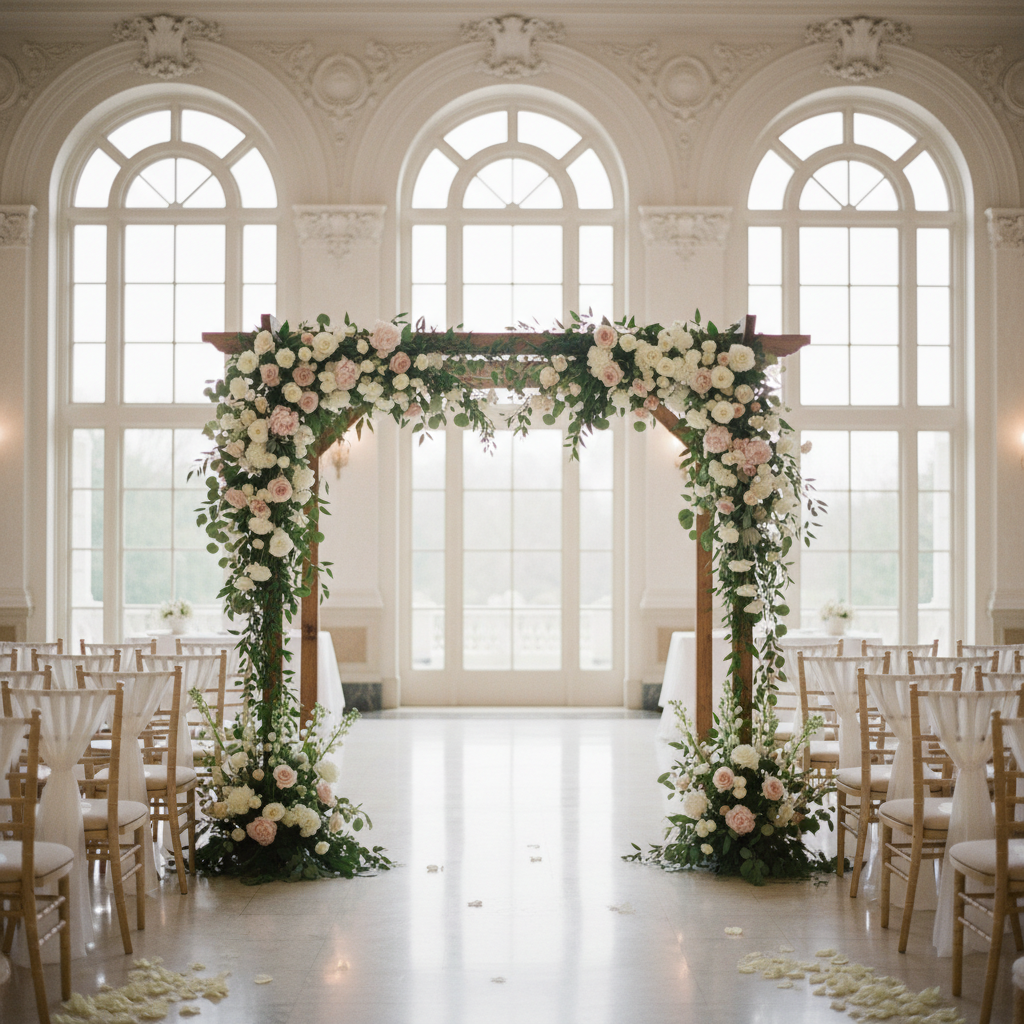 Grand floor-to-ceiling white and blush floral installation for luxury gala