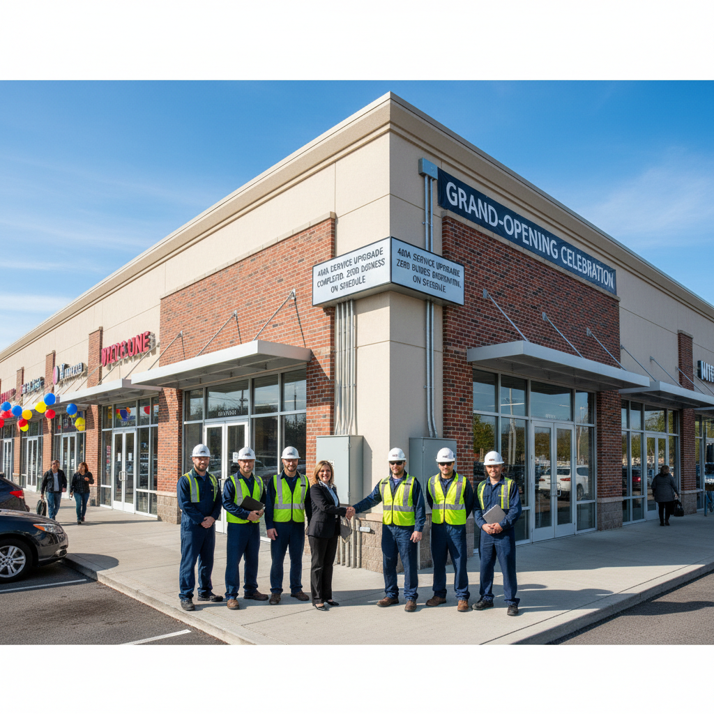 Newly installed commercial electrical panel with organized wiring in bright clean utility room