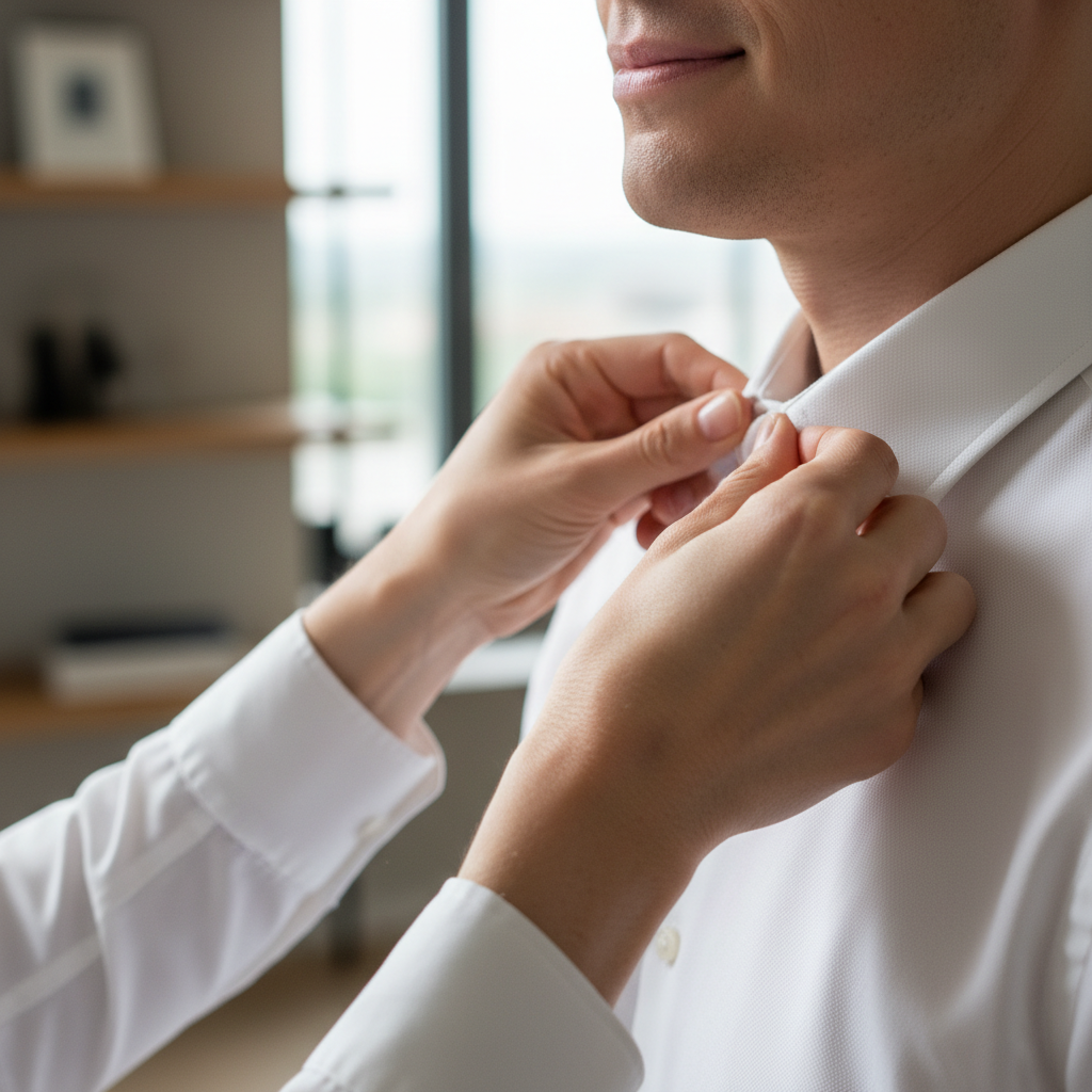 Presence consultant adjusting a client's collar in a fitting room, hands in focus, shallow depth of field