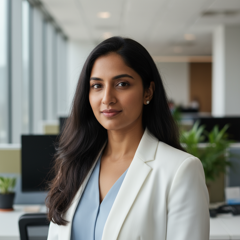 Professional portrait of Indian woman in her early 30s with long dark hair wearing burgundy blazer and white blouse, looking directly at camera with confident expression in modern office setting