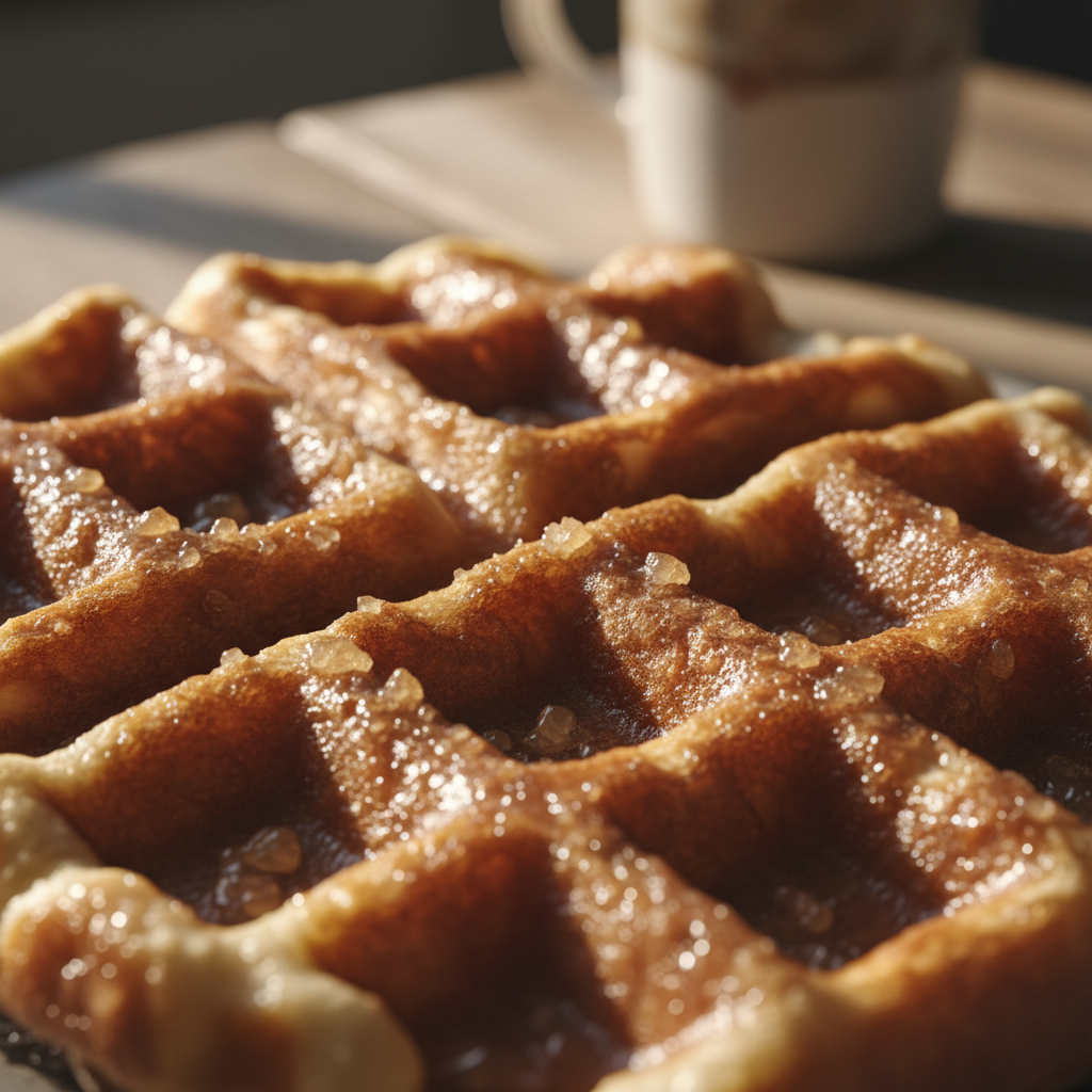 Classic Liège waffle golden brown with pearl sugar on cream ceramic plate