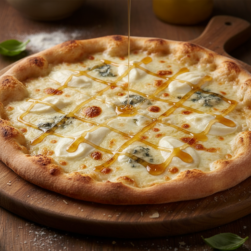 Four cheese pizza with melted mozzarella, gorgonzola, parmesan and pecorino on rustic table