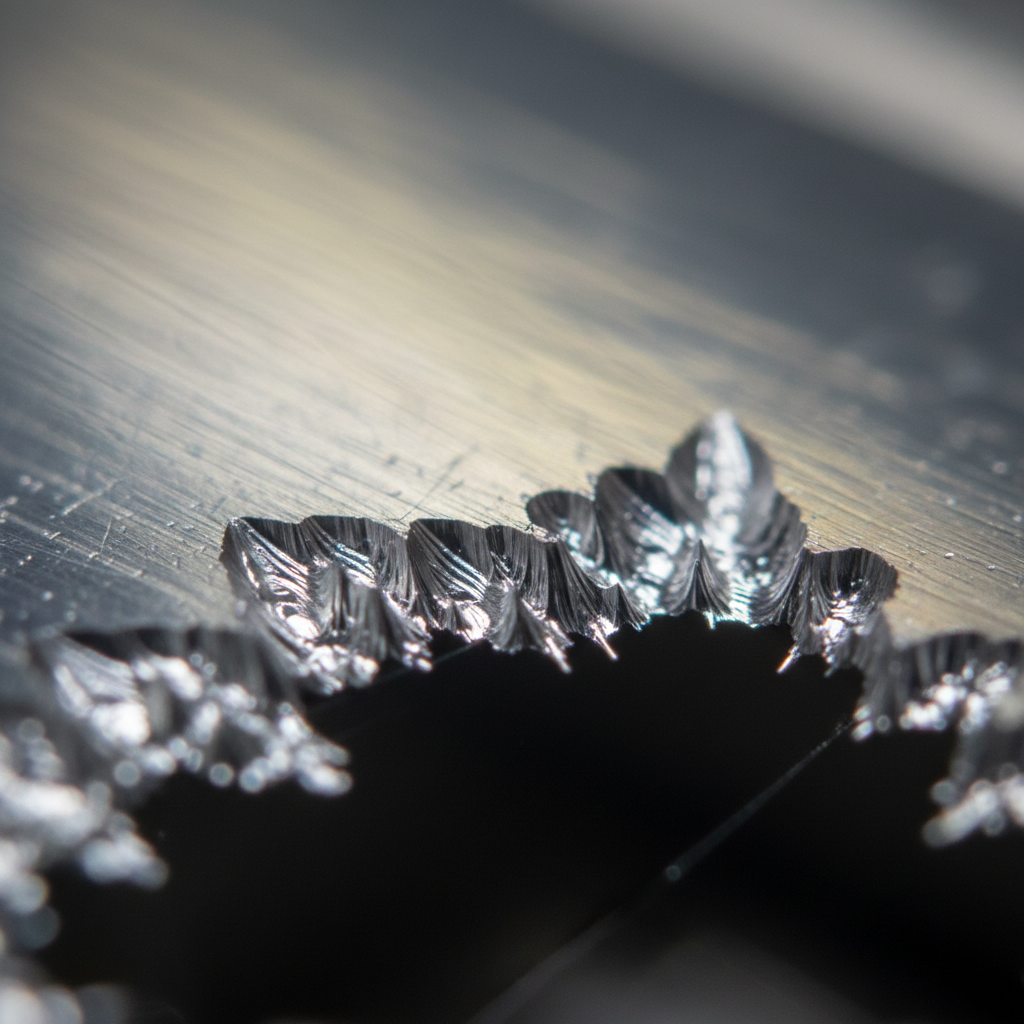Close-up macro photograph of mirror-finish stainless steel laser cut edge showing sub-micron surface roughness