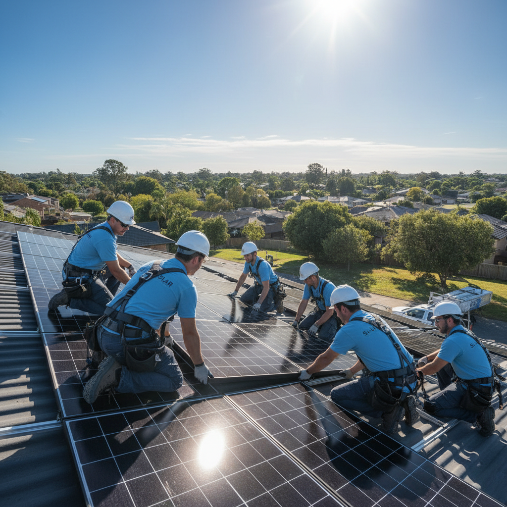 Complete solar installation on rooftop with panels, inverter and batteries, bright sunny day, professional setup