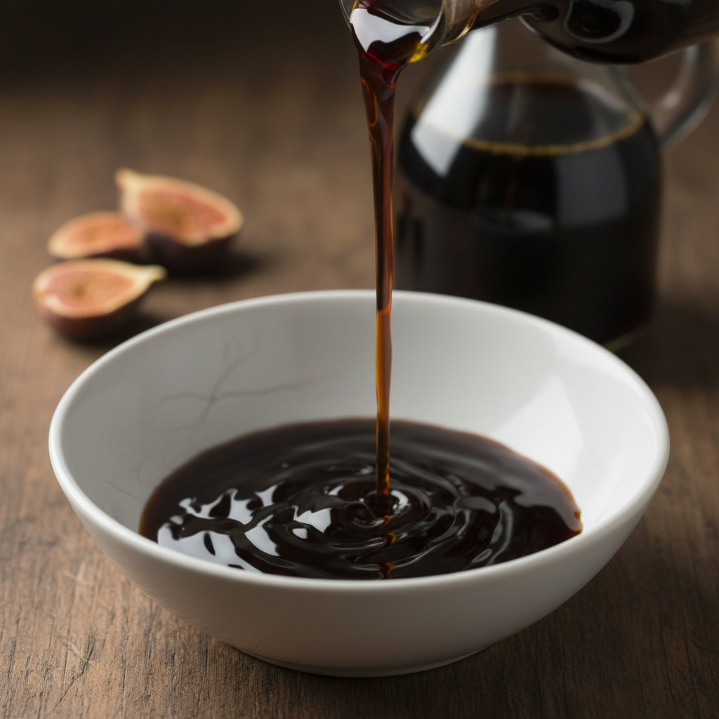 Dark aged balsamic vinegar pouring in a thick silk ribbon into a white ceramic bowl