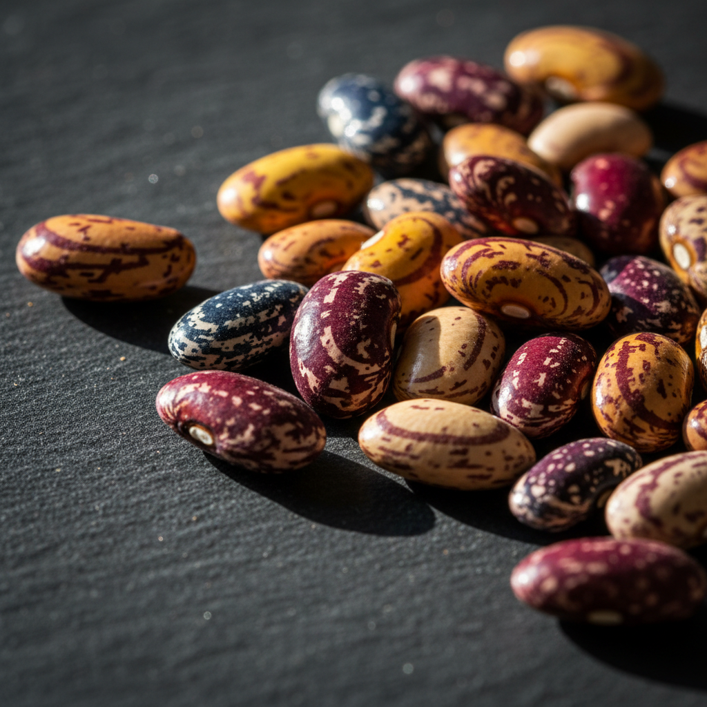 Colorful heirloom beans scattered on dark surface with dramatic side lighting